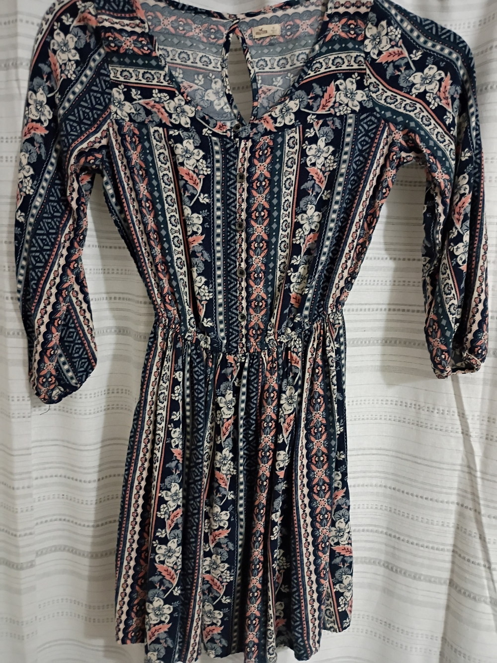 Hollister Navy Floral-Striped Mini Dress with Coral Accents